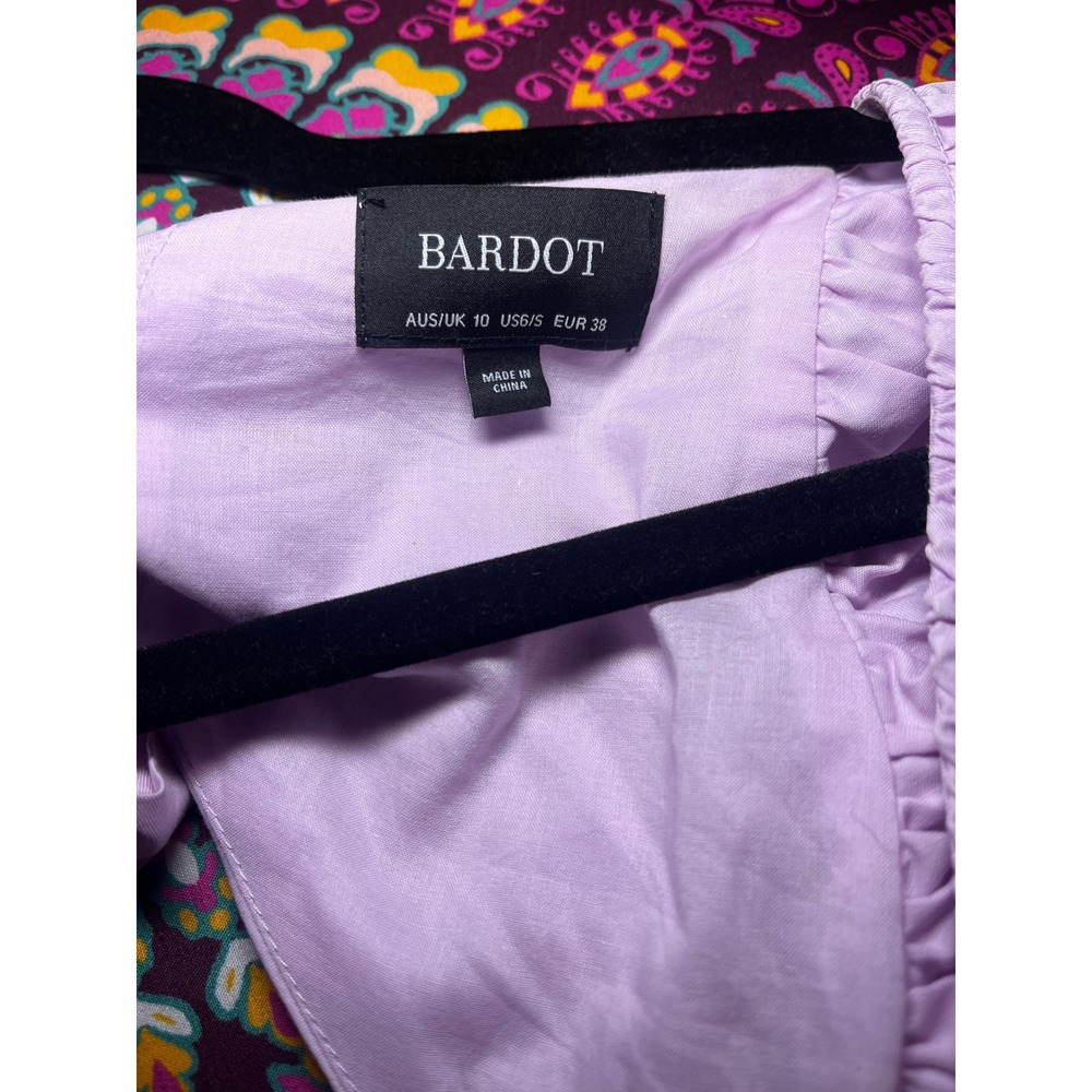 BARDOT Lavender Puff‎ Sleeve Tiered Mini Dress Open Back Wedding Guest Size 6 SM - Picture 7 of 9